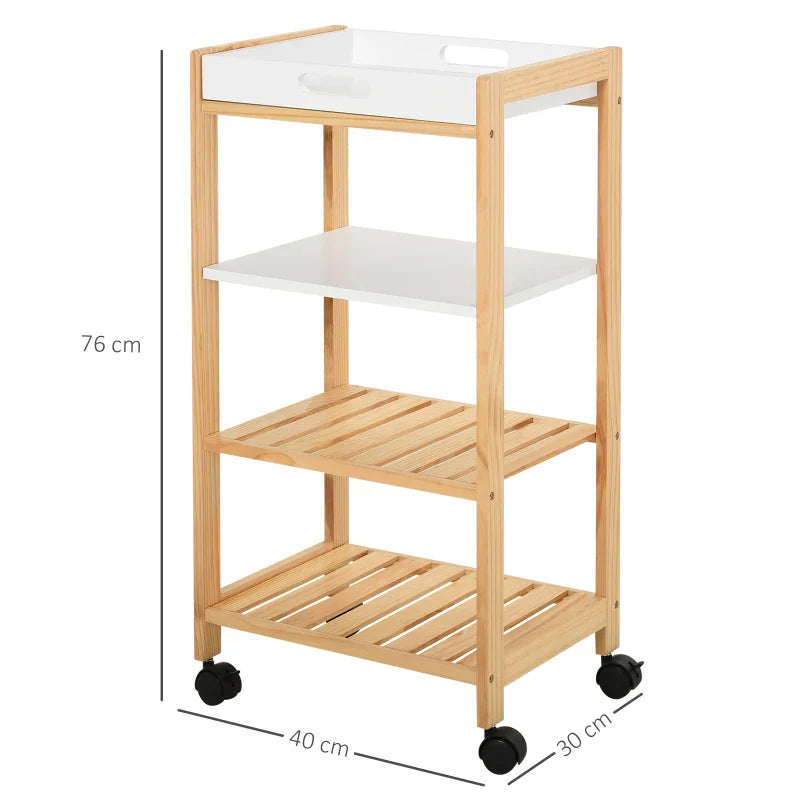 Carrinho de cozinha Carrinho de serviço doméstico de 4 niveis com bandeja removível Prateleira universal de rodas 40x30x76cm Madeira branca