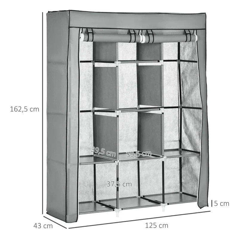 Roupeiro de Tecido Dobrável Armário Portátil com 8 Prateleiras de Armazenamento e 2 Barras de Pendurar Organizador de Roupa para Dormitório Vestidor 125x43x162,5cm Cinza Claro