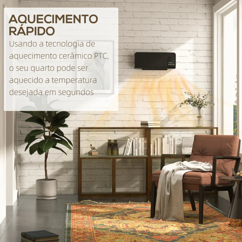 Aquecedor Elétrico de Parede 1000W/2000W Aquecedor com Ecrã LED Controlo Remoto Termostato Temporizador para Áreas de 15-20 m² 54,5x12x21,5 cm Preto