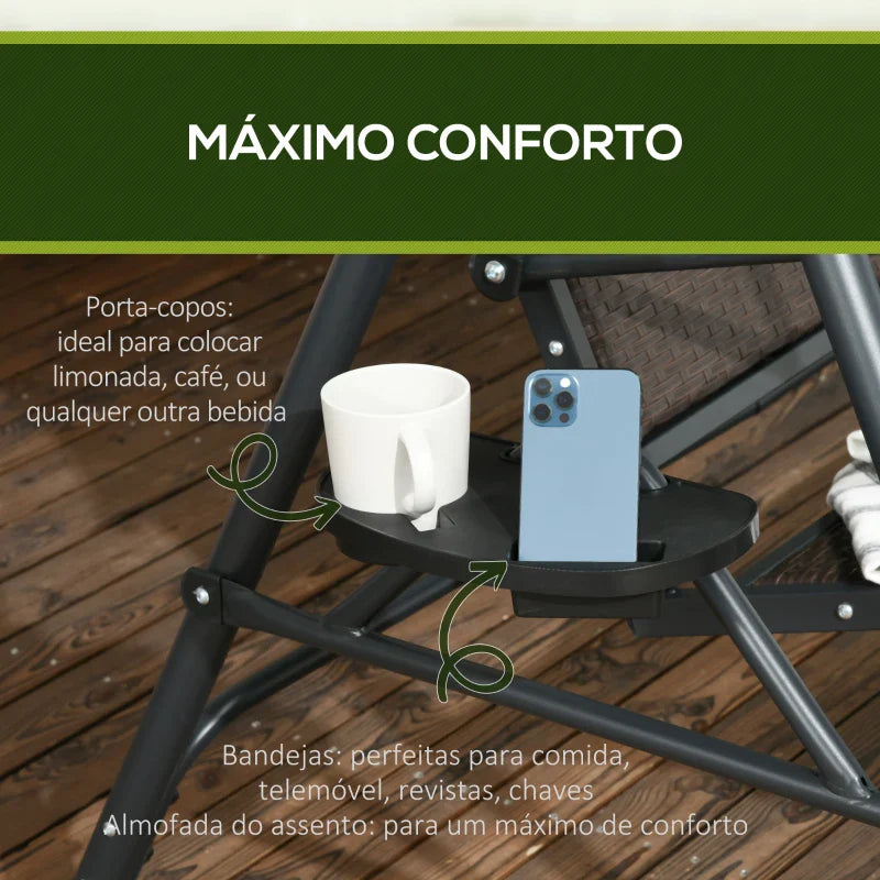 Baloiço de Jardim de 3 Lugares Baloiço para Exterior com Toldo Ajustável Assento de Vime 2 Suporte para Capos 2 Bandejas e Estrutura de Aço para Varanda Pátio 204x112x150 cm Cinza