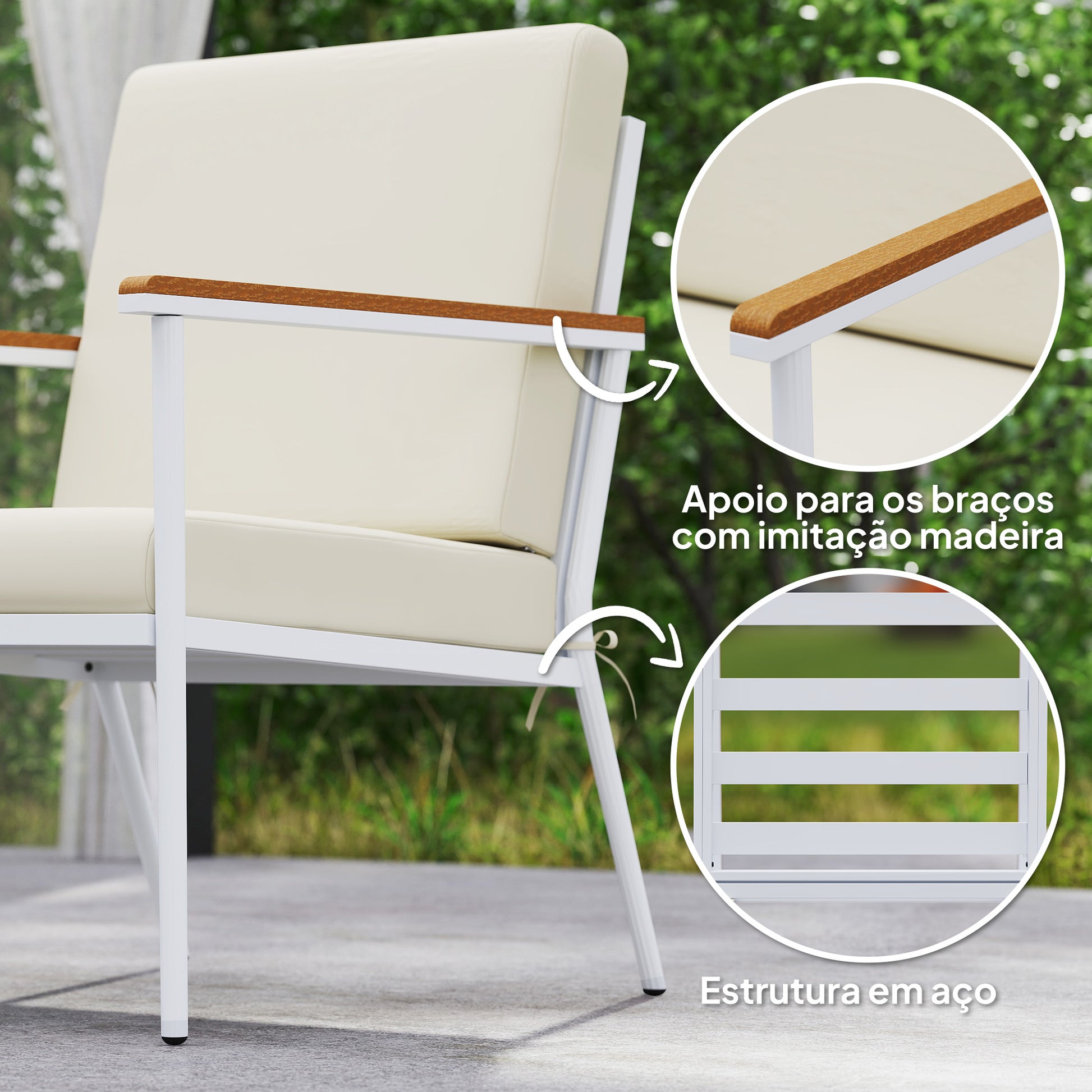 Conjunto de Jardim de 5 Peças Móveis de Exterior com 1 Sofá de 2 Lugares 2 Poltronas e 2 Mesas de Centro com Bancada de Vidro Temperado e Almofadas Laváveis Creme
