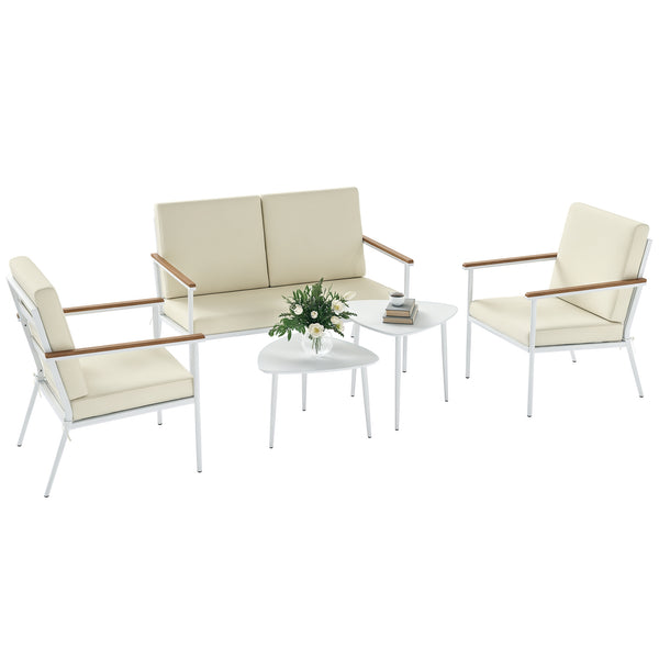 Conjunto de Jardim de 5 Peças Móveis de Exterior com 1 Sofá de 2 Lugares 2 Poltronas e 2 Mesas de Centro com Bancada de Vidro Temperado e Almofadas Laváveis Creme
