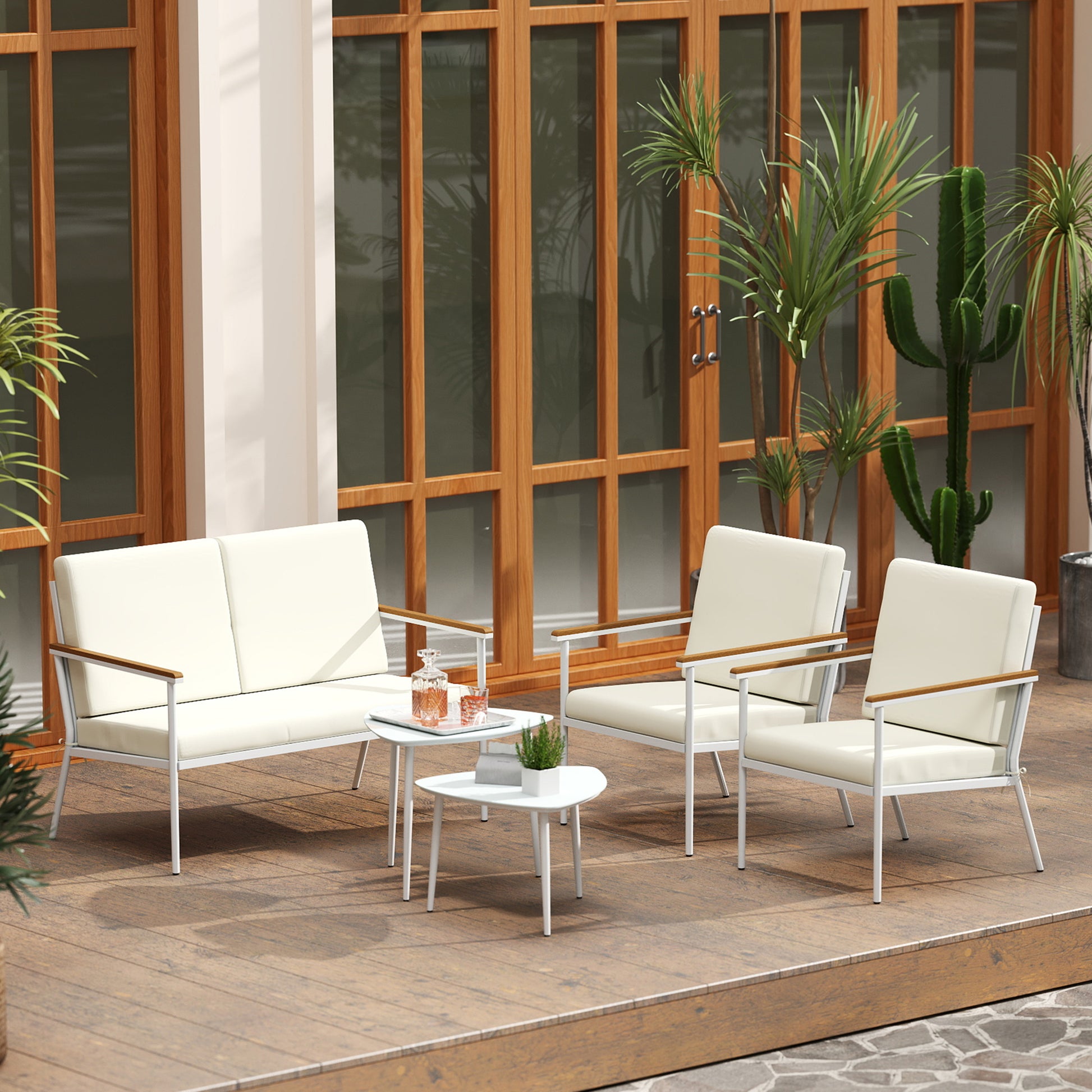 Conjunto de Jardim de 5 Peças Móveis de Exterior com 1 Sofá de 2 Lugares 2 Poltronas e 2 Mesas de Centro com Bancada de Vidro Temperado e Almofadas Laváveis Creme