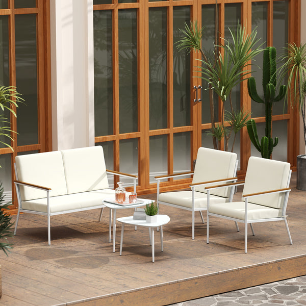 Conjunto de Jardim de 5 Peças Móveis de Exterior com 1 Sofá de 2 Lugares 2 Poltronas e 2 Mesas de Centro com Bancada de Vidro Temperado e Almofadas Laváveis Creme