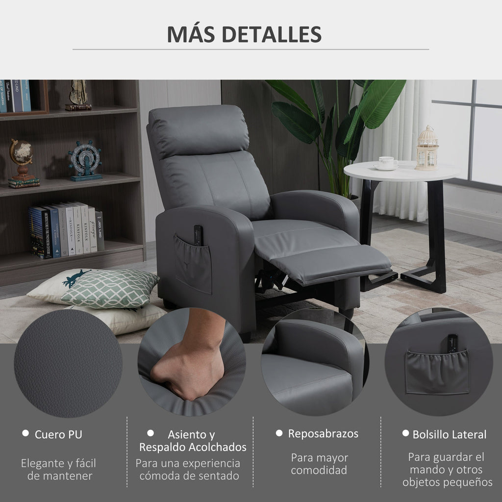 Poltrona de Massagem Poltrona Relax Reclinável com 2 Zonas de Massagem 8 Programas 5 Níveis de Intensidade e Controlo Remoto Estofada em PU 68x88x98 cm Cinzento