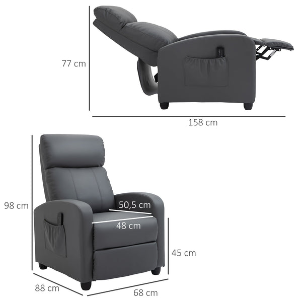 Poltrona de Massagem Poltrona Relax Reclinável com 2 Zonas de Massagem 8 Programas 5 Níveis de Intensidade e Controlo Remoto Estofada em PU 68x88x98 cm Cinzento