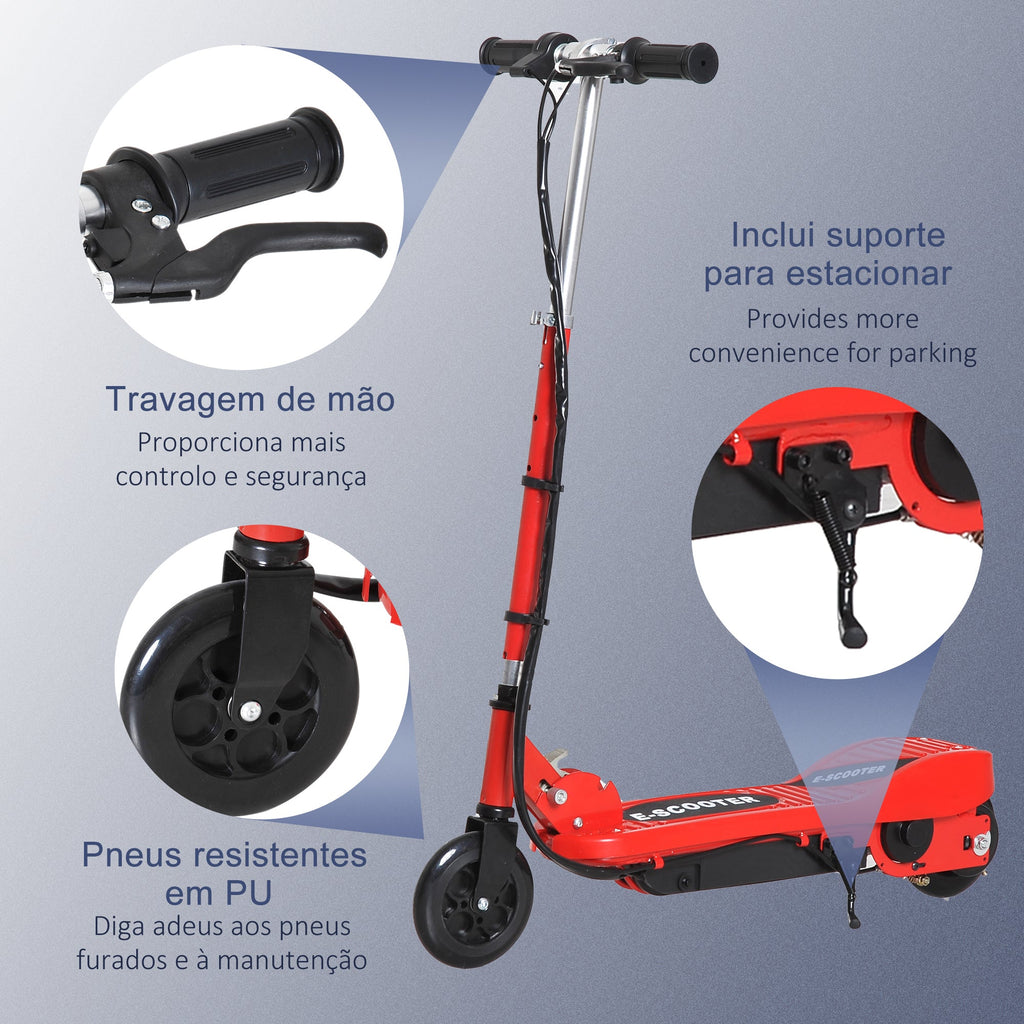 Trotinete Elétrica Criança De 7-14 Anos E-Scooter Dobrável Guiador Ajustável 12km/h Bateria Recarregável 12V Skate 120W Carga 50kg Vermelho