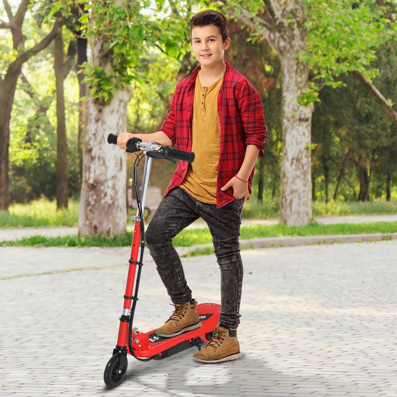 Trotinete Elétrica Criança De 7-14 Anos E-Scooter Dobrável Guiador Ajustável 12km/h Bateria Recarregável 12V Skate 120W Carga 50kg Vermelho