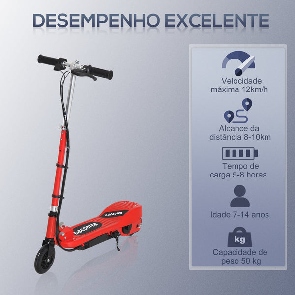 Trotinete Elétrica Criança De 7-14 Anos E-Scooter Dobrável Guiador Ajustável 12km/h Bateria Recarregável 12V Skate 120W Carga 50kg Vermelho