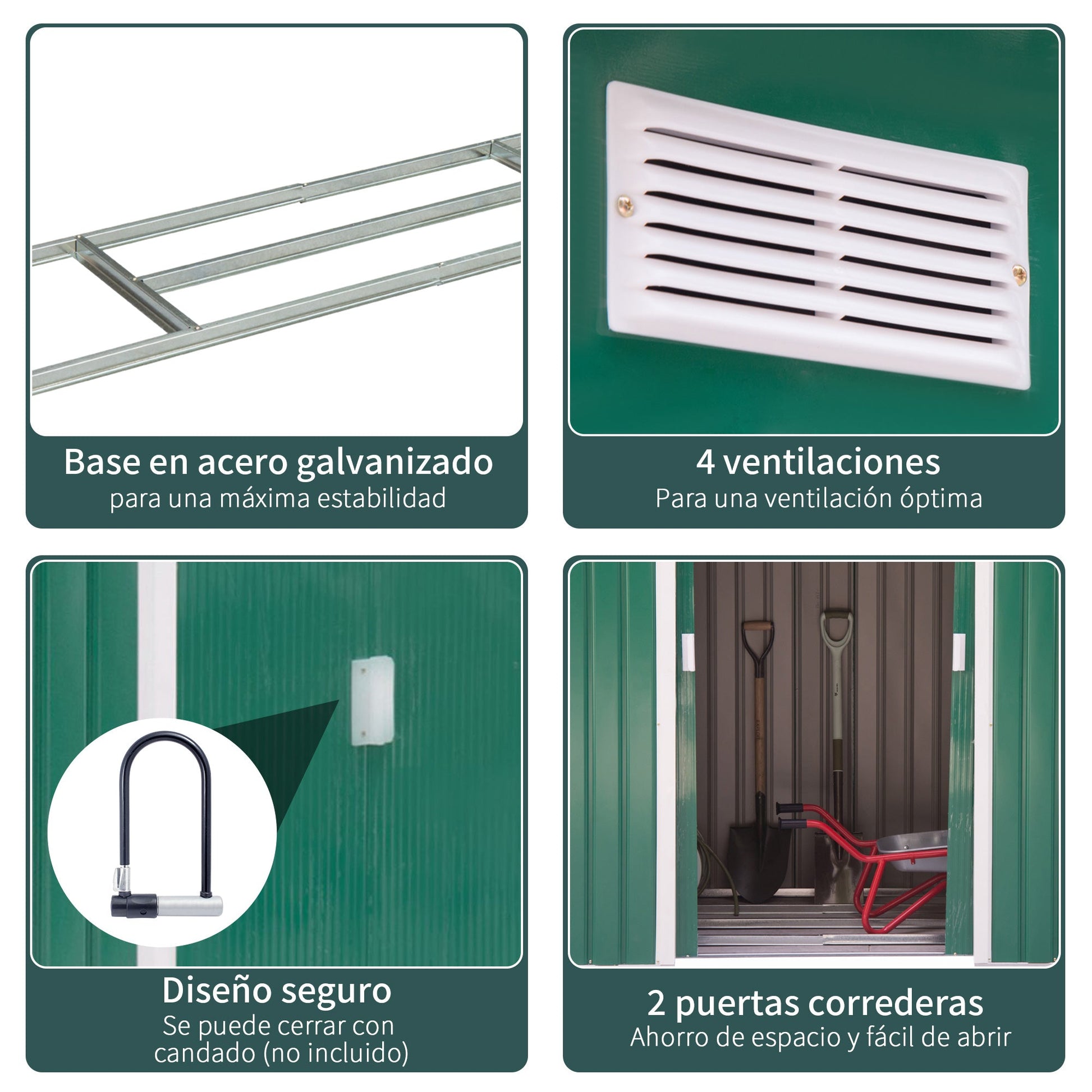 Abrigo de Jardim 213x130x185cm Abrigo de Jardim Metálico de Exterior para Armazenamento de Ferramentas com 2 Portas Deslizantes e 4 Janelas para Terraço Verde