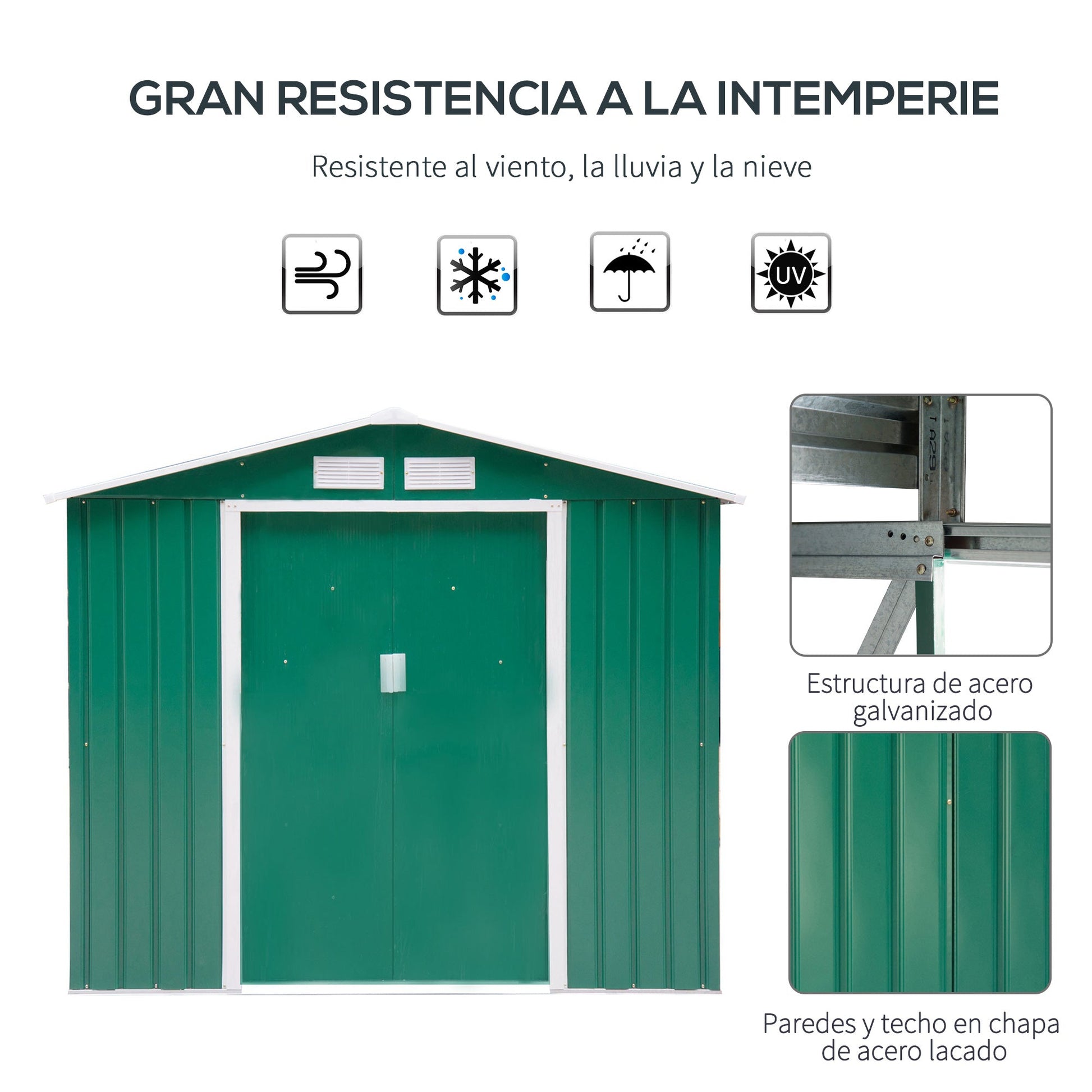 Abrigo de Jardim 213x130x185cm Abrigo de Jardim Metálico de Exterior para Armazenamento de Ferramentas com 2 Portas Deslizantes e 4 Janelas para Terraço Verde
