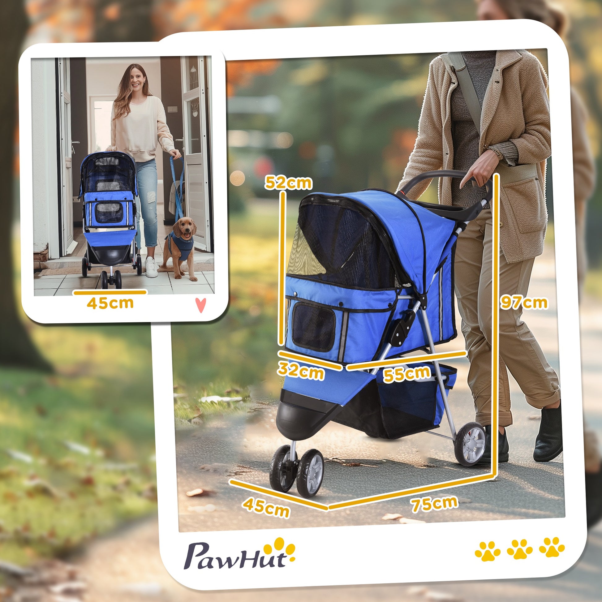 PawHut Carrinho para Animais de Estimação Dobrável Carrinho para Cães e Gatos com Rodas Giratórias Cesto e Suporte para Copos 75x45x97cm Azul