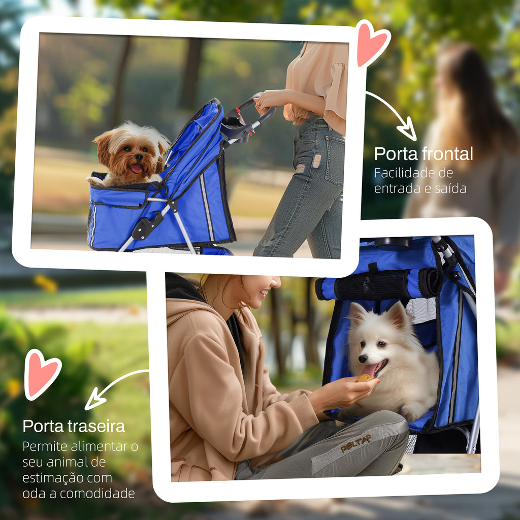 PawHut Carrinho para Animais de Estimação Dobrável Carrinho para Cães e Gatos com Rodas Giratórias Cesto e Suporte para Copos 75x45x97cm Azul