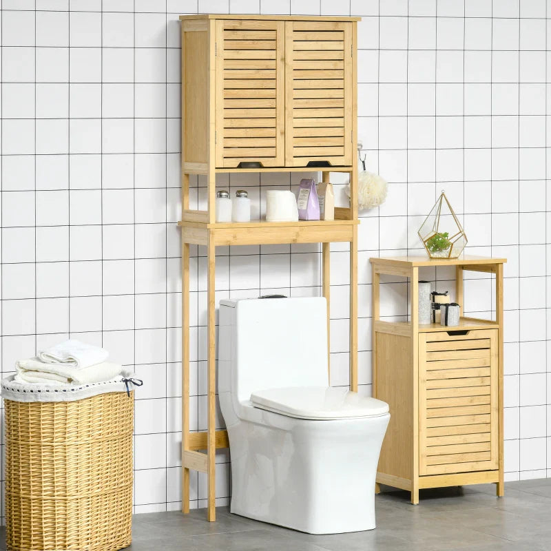 kleanklin Móvel de Bambú sobre Sanita Armário Alto para Casa de Banho com 2 Portas 1 Prateleira Interior e 1 Prateleira de Armazenamento 60x23x173cm Natural