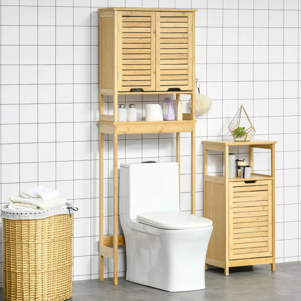 kleanklin Móvel de Bambú sobre Sanita Armário Alto para Casa de Banho com 2 Portas 1 Prateleira Interior e 1 Prateleira de Armazenamento 60x23x173cm Natural