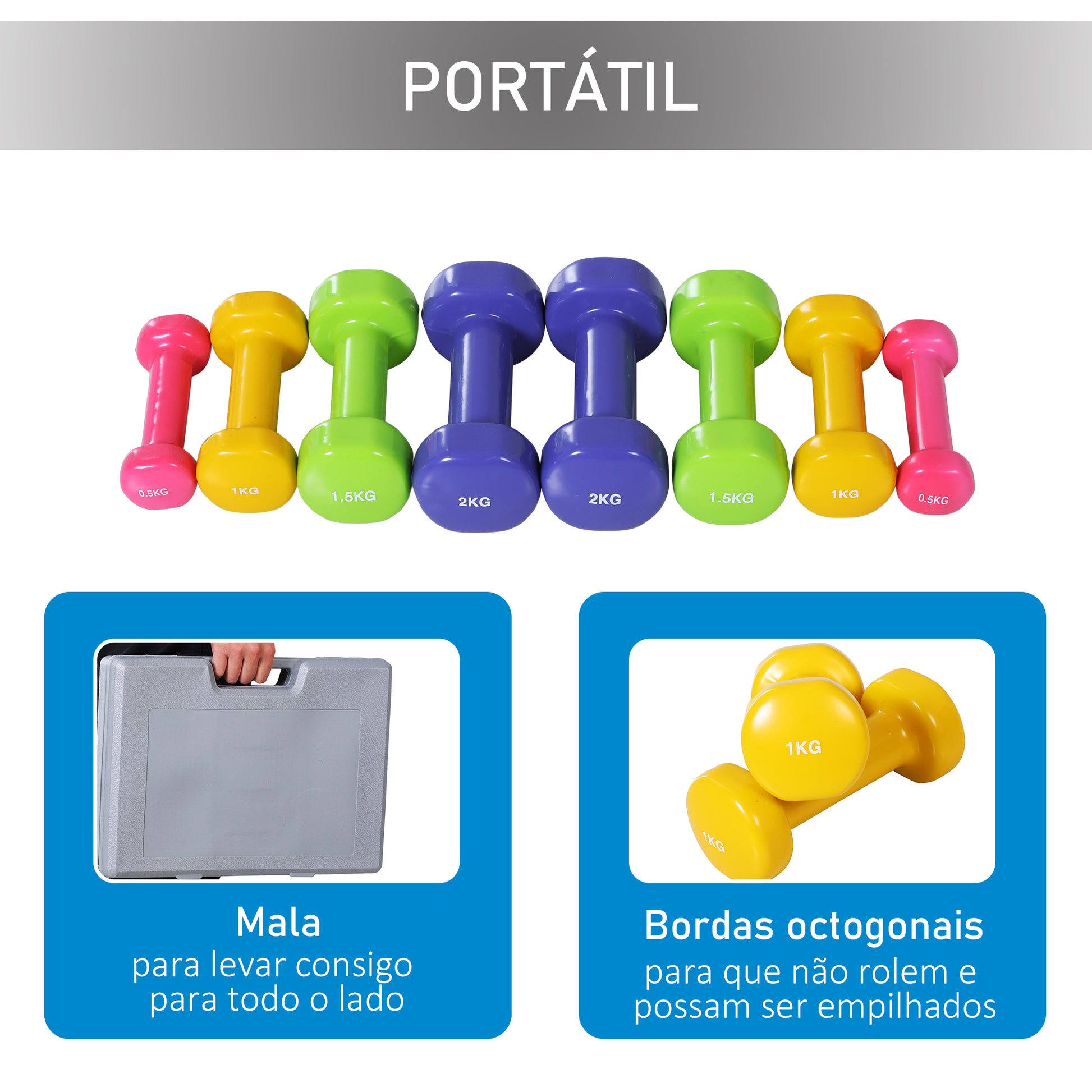 Jogo de 8 Halteres Hexagonais 4 Pares 2kg 1,5kg 1kg 0,5kg com Revestimento Pesos para Exercícios em Casa Academia Aço Multicor