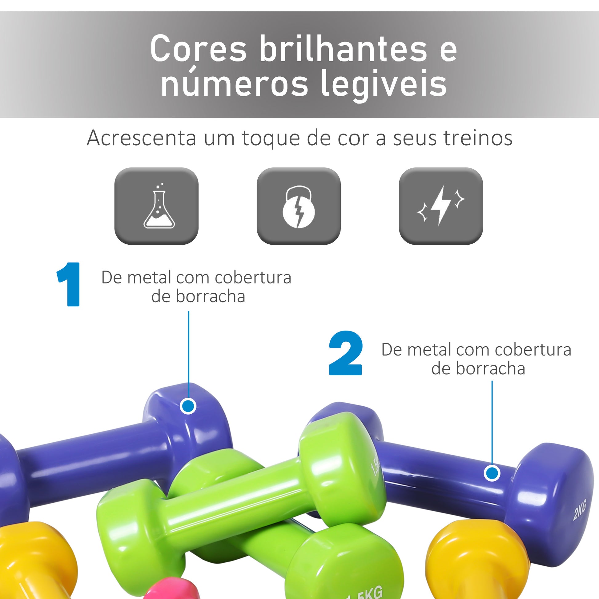 Jogo de 8 Halteres Hexagonais 4 Pares 2kg 1,5kg 1kg 0,5kg com Revestimento Pesos para Exercícios em Casa Academia Aço Multicor
