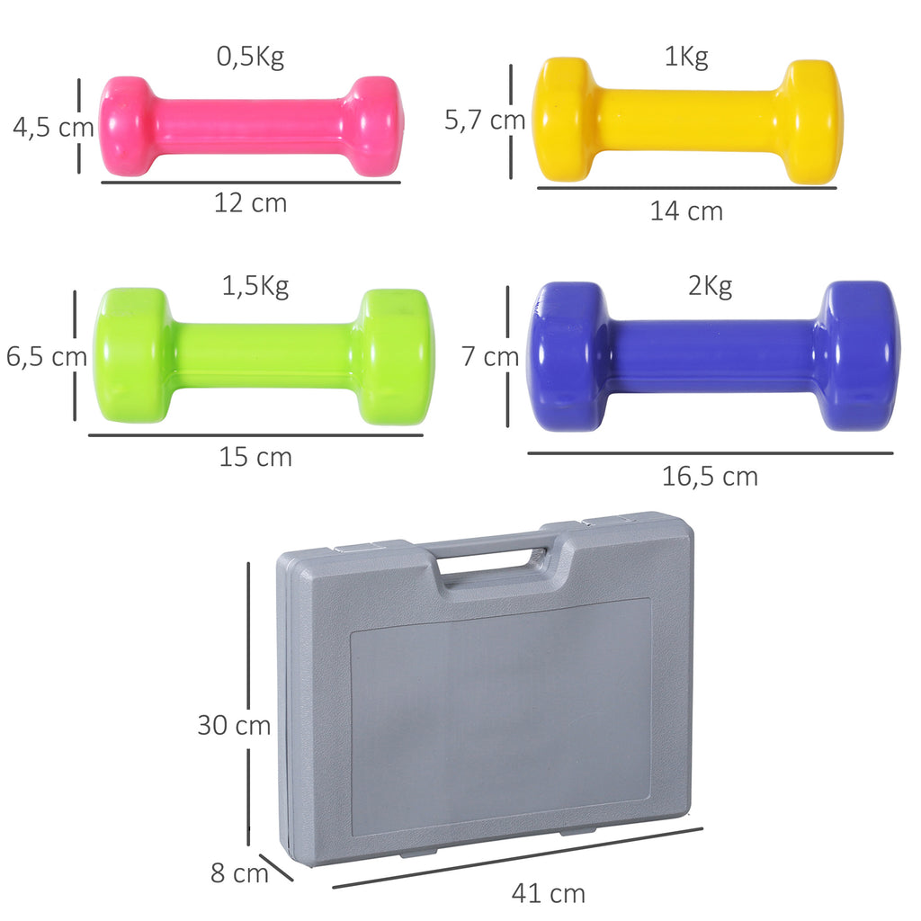 Jogo de 8 Halteres Hexagonais 4 Pares 2kg 1,5kg 1kg 0,5kg com Revestimento Pesos para Exercícios em Casa Academia Aço Multicor