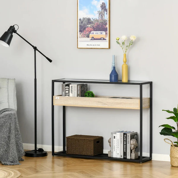 Mesa Consola 108x28x85cm Mesa de Entrada com Bancada de Vidro Temperado Prateleira e Grade Inferior Estrutura de Aço para Corredor Sala de Estar Preto