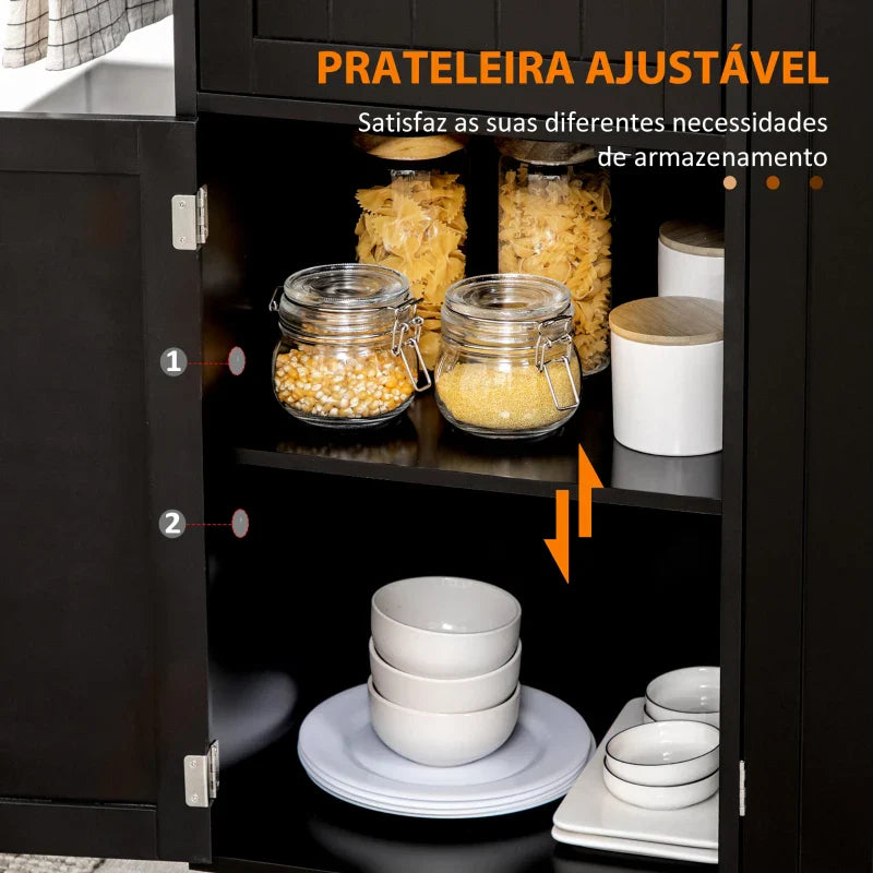 Ilha de Cozinha com Rodas Carrinho de Cozinha com Gaveta 3 Portas Prateleira Ajustável e Suporte para Panos Móvel Auxiliar de Cozinha 135x45x94,5cm Preto e Madeira