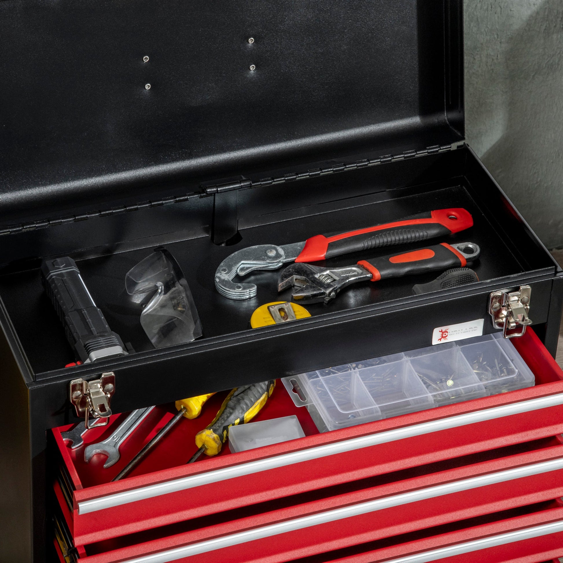 Caixa de Ferramentas de Aço com 4 Gavetas Tampa Abatível e Fechaduras Metálicas Mala de Ferramentas Portátil para Oficina Bricolage Casa 51x22x39,5 Preto e Vermelho