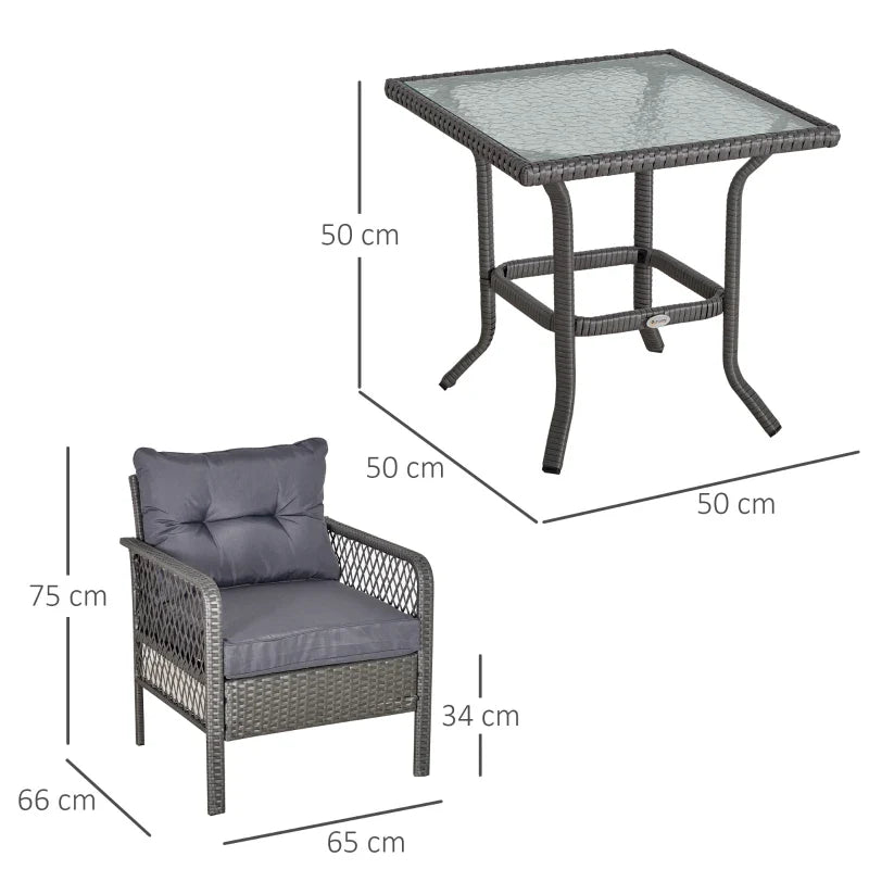 Conjunto de móveis de rattan de jardim 3 peças 2 poltronas 65x66x75 cm e 1 mesa de vidro temperado 50x50x50 cm com almofadas acolchoadas para terraço pátio cinza