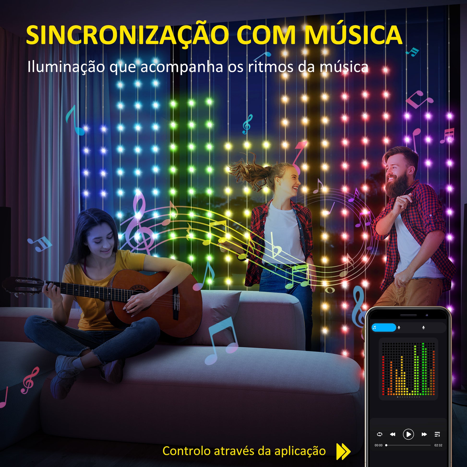 Cortina de Luzes 3x3 m Cortina de Luzes LED Inteligente com 400 Luzes LED RGBIC Sincronização com Música Controlo Remoto e App Efeitos de Cores Personalizáveis para Interior Dormitório