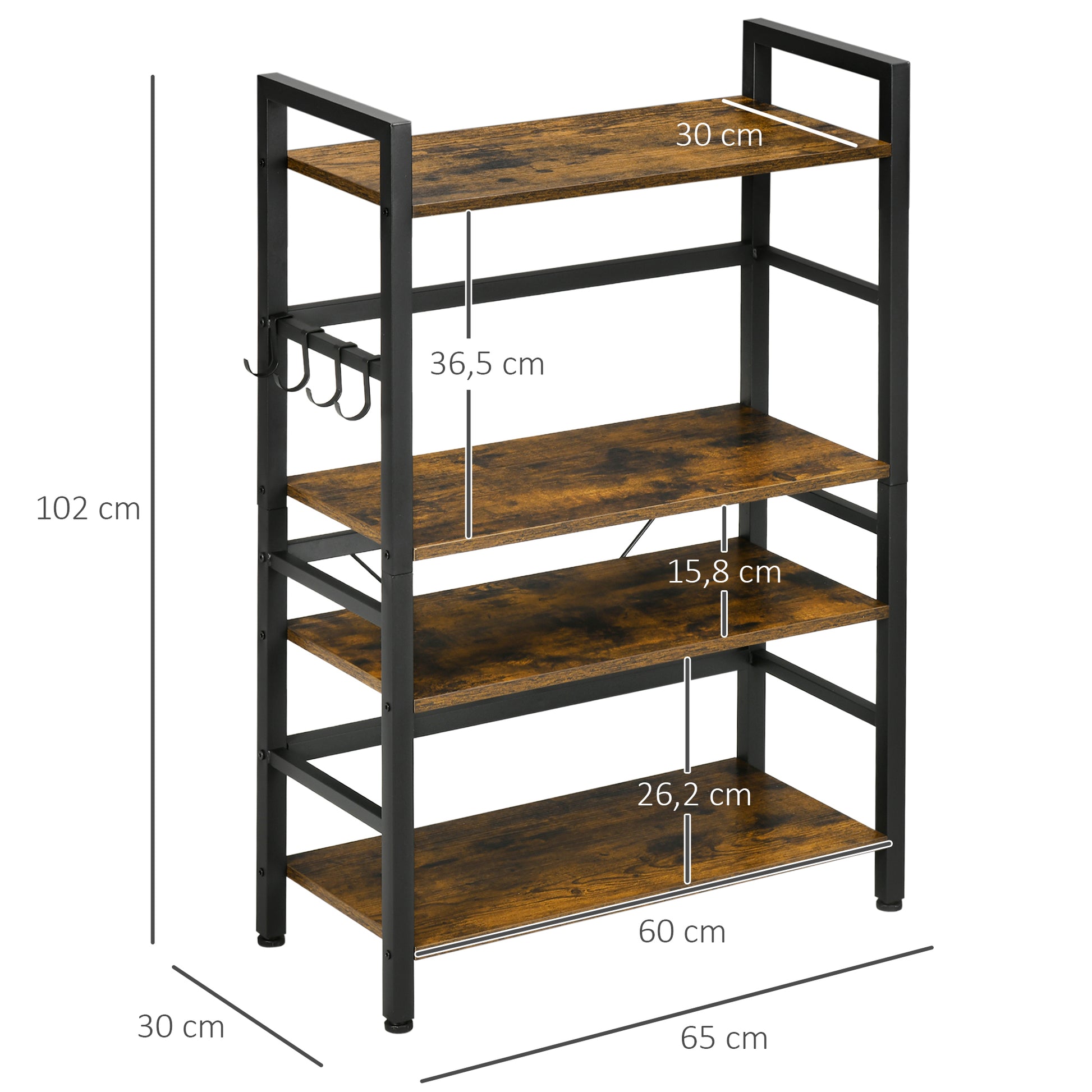 Estante de Cozinha de 4 Níveis Estante de Cozinha com 4 Prateleiras Ganchos e Sistema Anti-Tombo Estante para Micro-Ondas 65x30x102 cm Castanho Rústico e Preto
