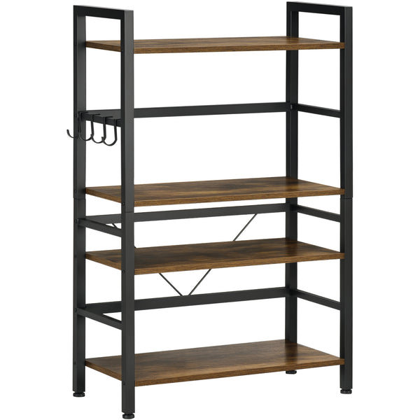 Estante de Cozinha de 4 Níveis Estante de Cozinha com 4 Prateleiras Ganchos e Sistema Anti-Tombo Estante para Micro-Ondas 65x30x102 cm Castanho Rústico e Preto
