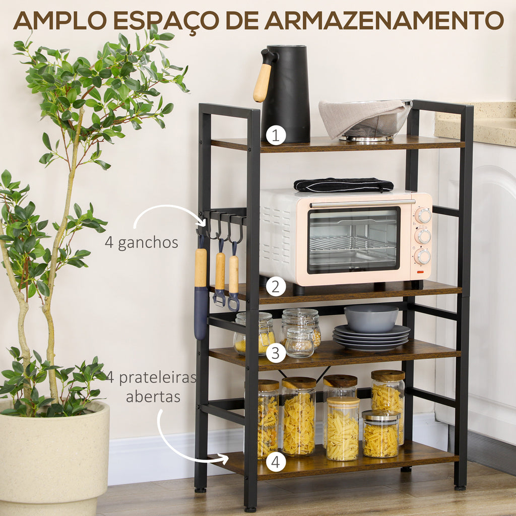 Estante de Cozinha de 4 Níveis Estante de Cozinha com 4 Prateleiras Ganchos e Sistema Anti-Tombo Estante para Micro-Ondas 65x30x102 cm Castanho Rústico e Preto
