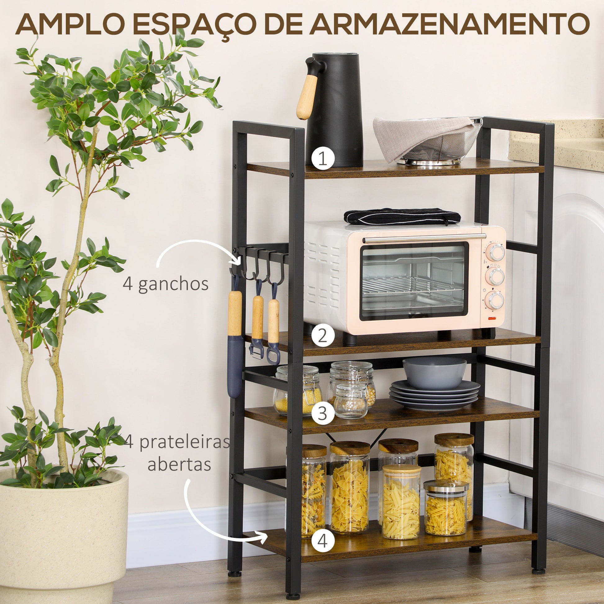 Estante de Cozinha de 4 Níveis Estante de Cozinha com 4 Prateleiras Ganchos e Sistema Anti-Tombo Estante para Micro-Ondas 65x30x102 cm Castanho Rústico e Preto