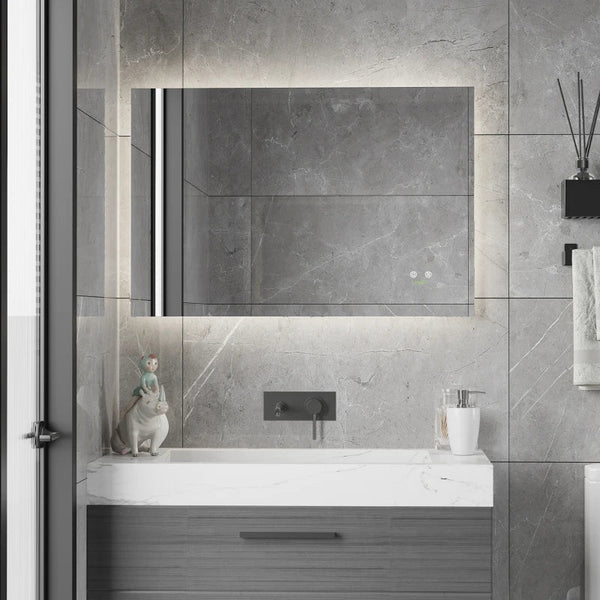 Espelho de Casa de Banho com Luz LED Espelho de Parede Anti-Embaciamento 90x60cm com Interruptor Tátil 3 Luzes Ajustáveis Função de Memória e Estrutura de Alumínio Suspensão Vertical ou Horizontal Prata