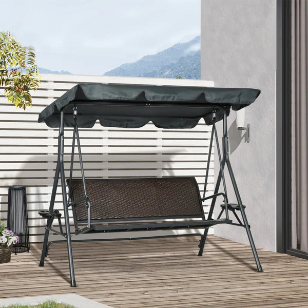 Baloiço de Jardim de 3 Lugares Baloiço para Exterior com Toldo Ajustável Assento de Vime 2 Suporte para Capos 2 Bandejas e Estrutura de Aço para Varanda Pátio 204x112x150 cm Cinza