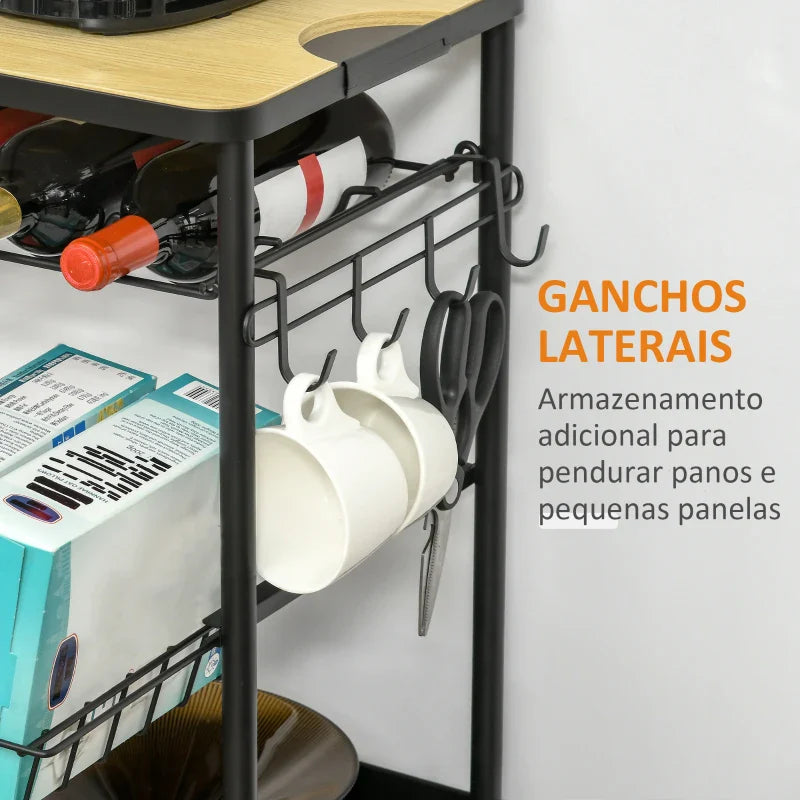 Carrinho de Cozinha com Rodas Carrinho de Cozinha Multiuso com Suporte para Garrafas Cesta Removível e 4 Ganchos para Sala de Jantar Sala de Estar 60,5x35,5x75cm Preto e Carvalho