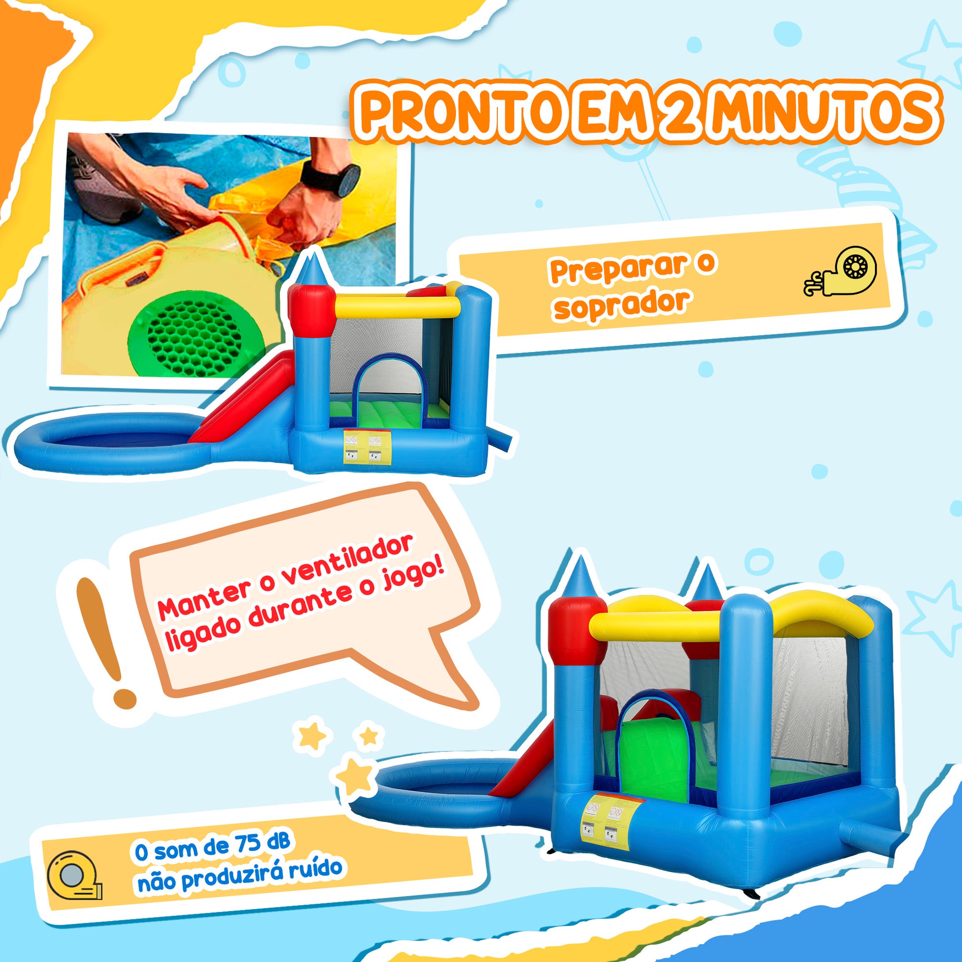 AIYAPLAY Castelo Insuflável com Insuflador 4 em 1 Castelo Insuflável para Crianças com Escorrega Piscina de Bolas Cesto e Saco de Transporte para Exterior e Interior 415x205x190 cm Multicor