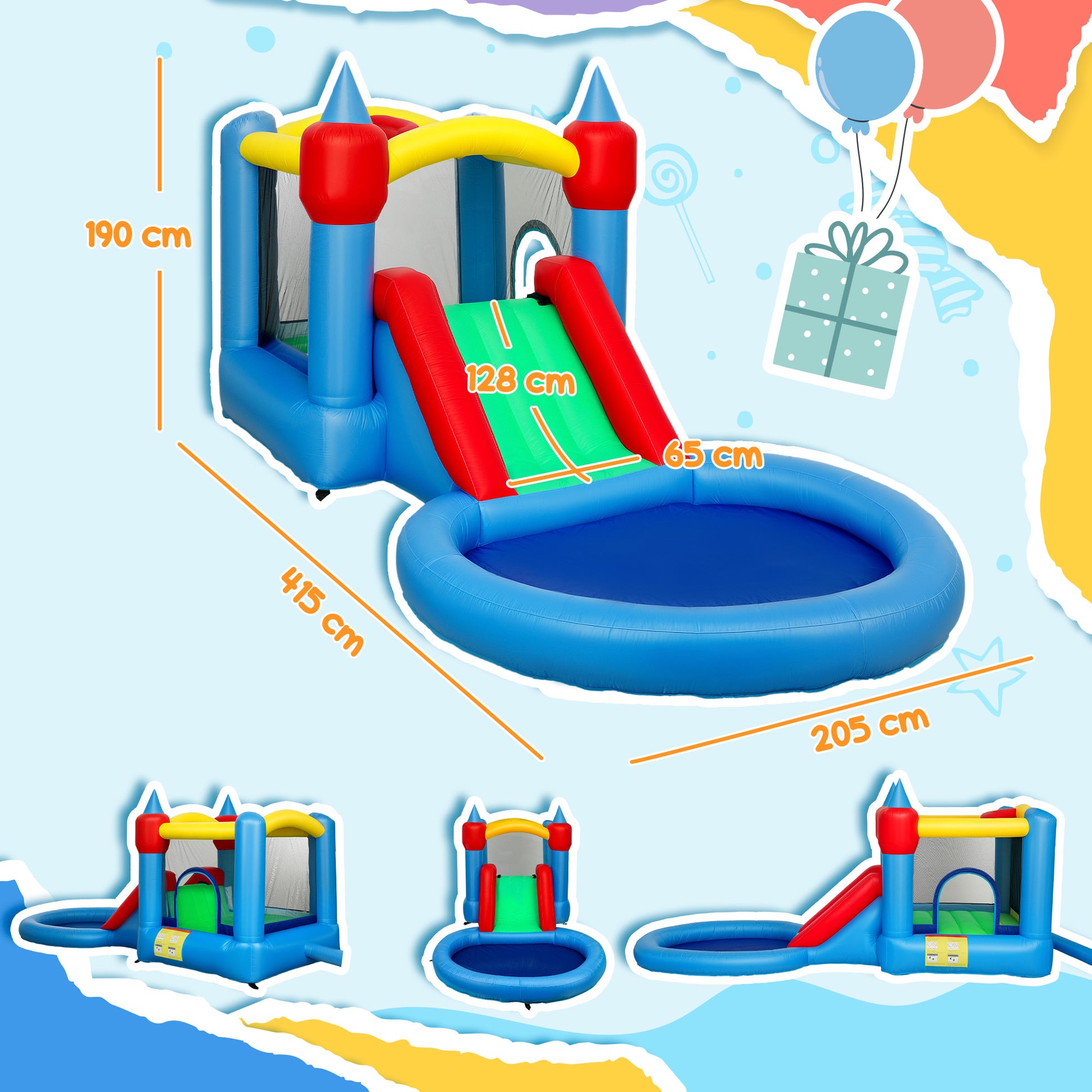 AIYAPLAY Castelo Insuflável com Insuflador 4 em 1 Castelo Insuflável para Crianças com Escorrega Piscina de Bolas Cesto e Saco de Transporte para Exterior e Interior 415x205x190 cm Multicor