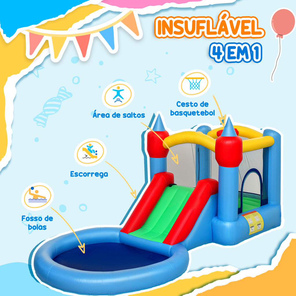 AIYAPLAY Castelo Insuflável com Insuflador 4 em 1 Castelo Insuflável para Crianças com Escorrega Piscina de Bolas Cesto e Saco de Transporte para Exterior e Interior 415x205x190 cm Multicor