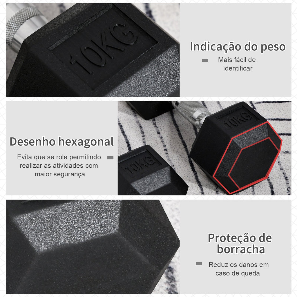 Conjunto de Halteres 20 kg com Barra Metálica e Cabeça Hexagonal Conjunto Pesos para Treino em Casa Ginásio 31x13,5 cm Preto e Prata – Modelo Luleå