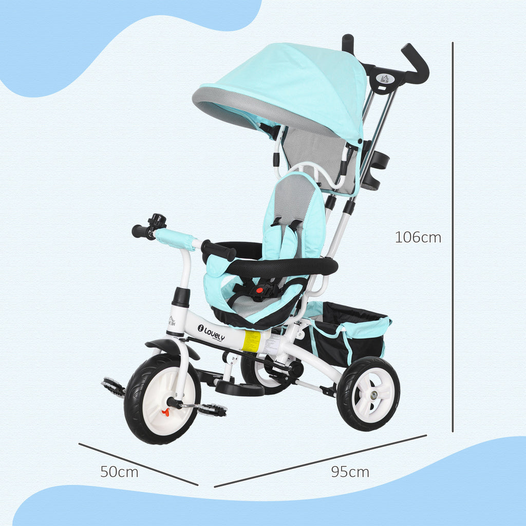 Triciclo para Bebés 2 em 1 Triciclo Evolutivo para Crianças de +12 Meses com Toldo Dobrável Guiador Telescópico e Removível Cinto de Segurança e Cesto 95x50x106 cm Verde Mint