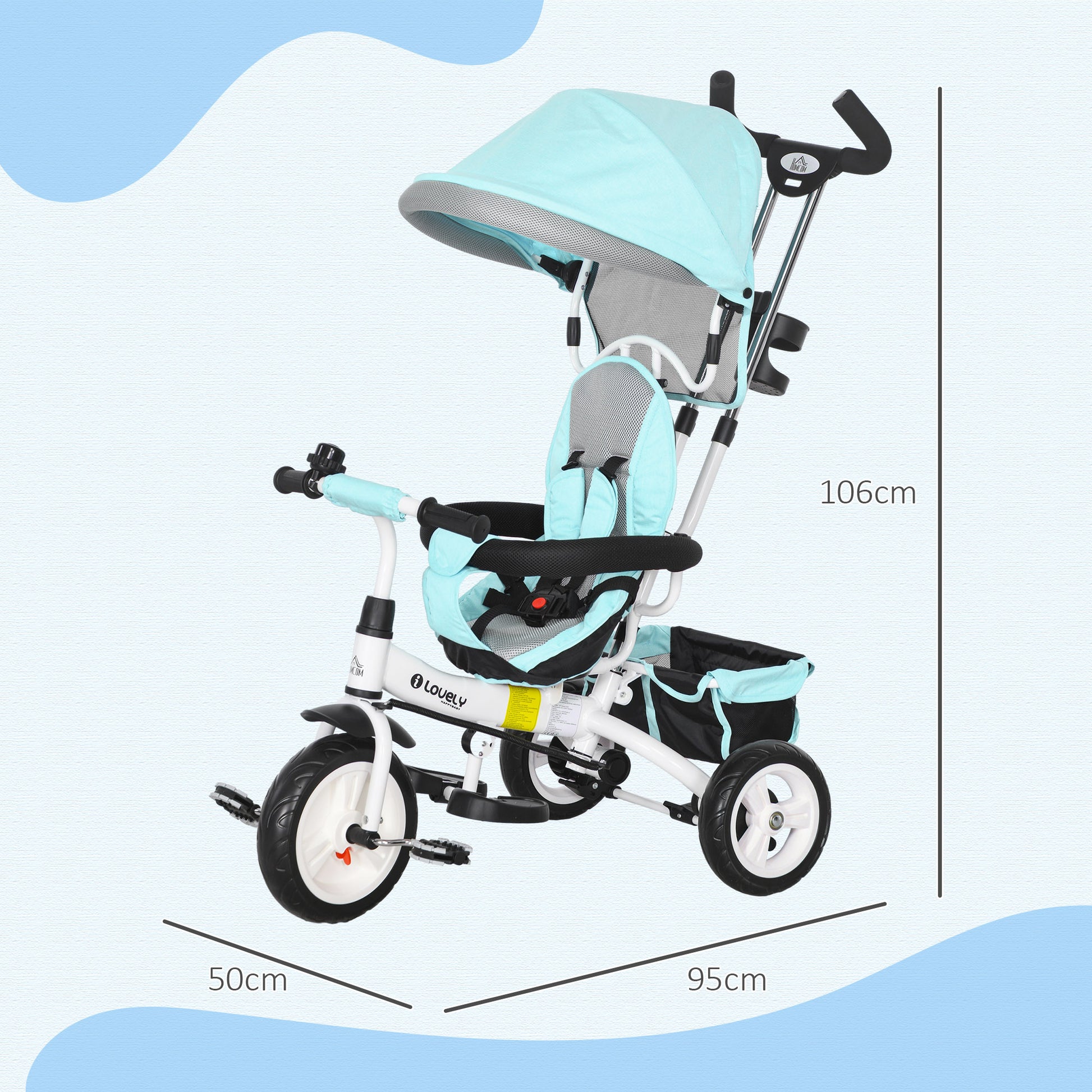 Triciclo para Bebés 2 em 1 Triciclo Evolutivo para Crianças de +12 Meses com Toldo Dobrável Guiador Telescópico e Removível Cinto de Segurança e Cesto 95x50x106 cm Verde Mint