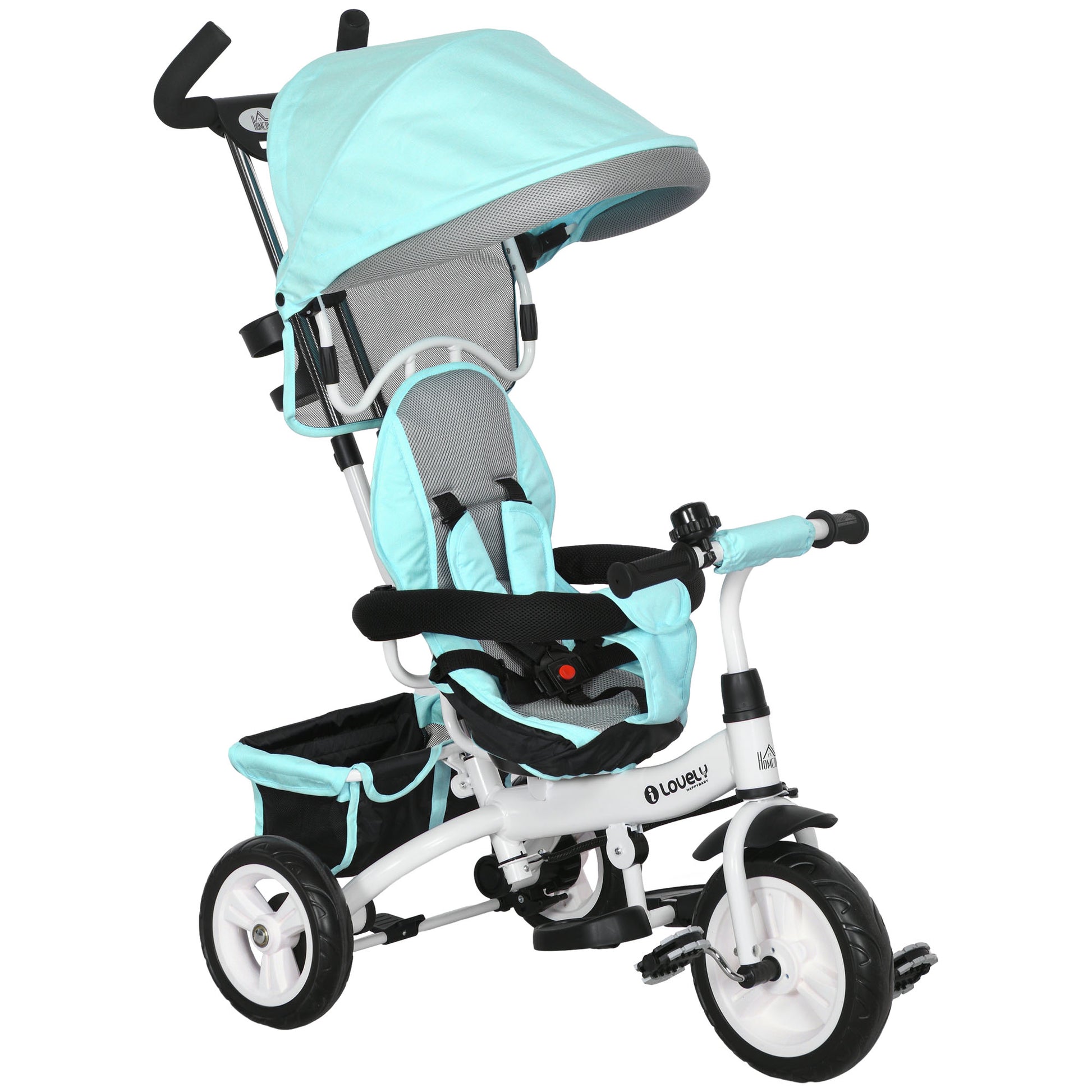 Triciclo para Bebés 2 em 1 Triciclo Evolutivo para Crianças de +12 Meses com Toldo Dobrável Guiador Telescópico e Removível Cinto de Segurança e Cesto 95x50x106 cm Verde Mint