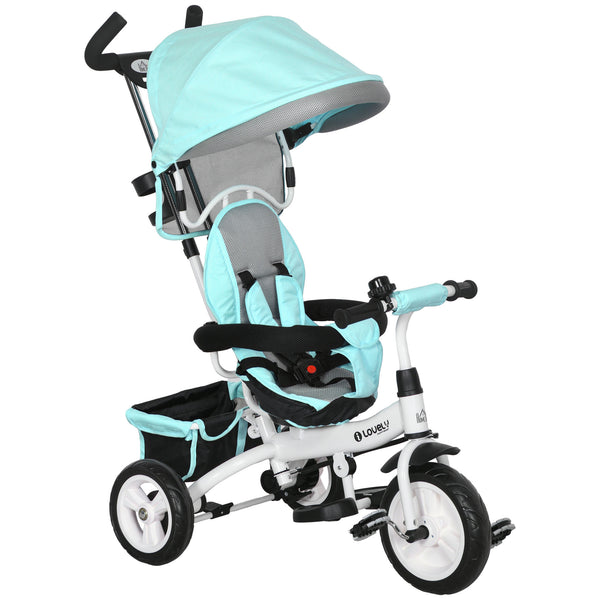 Triciclo para Bebés 2 em 1 Triciclo Evolutivo para Crianças de +12 Meses com Toldo Dobrável Guiador Telescópico e Removível Cinto de Segurança e Cesto 95x50x106 cm Verde Mint