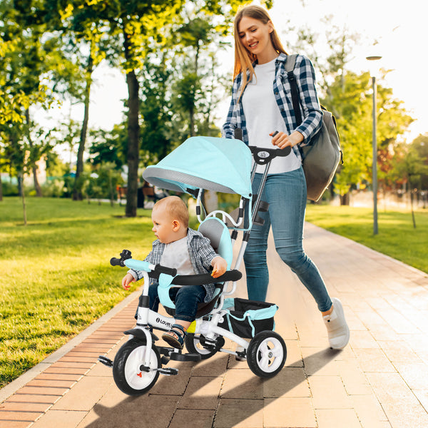 Triciclo para Bebés 2 em 1 Triciclo Evolutivo para Crianças de +12 Meses com Toldo Dobrável Guiador Telescópico e Removível Cinto de Segurança e Cesto 95x50x106 cm Verde Mint