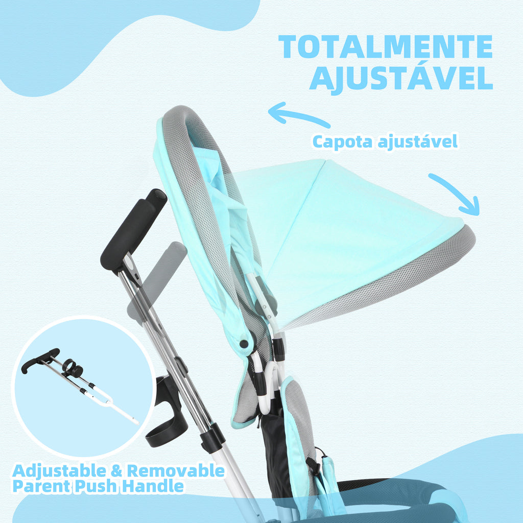 Triciclo para Bebés 2 em 1 Triciclo Evolutivo para Crianças de +12 Meses com Toldo Dobrável Guiador Telescópico e Removível Cinto de Segurança e Cesto 95x50x106 cm Verde Mint