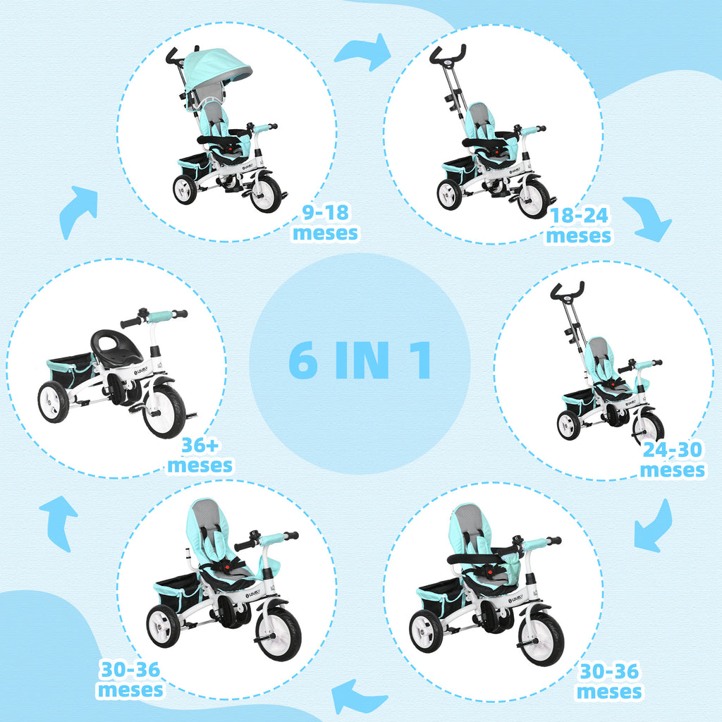 Triciclo para Bebés 2 em 1 Triciclo Evolutivo para Crianças de +12 Meses com Toldo Dobrável Guiador Telescópico e Removível Cinto de Segurança e Cesto 95x50x106 cm Verde Mint