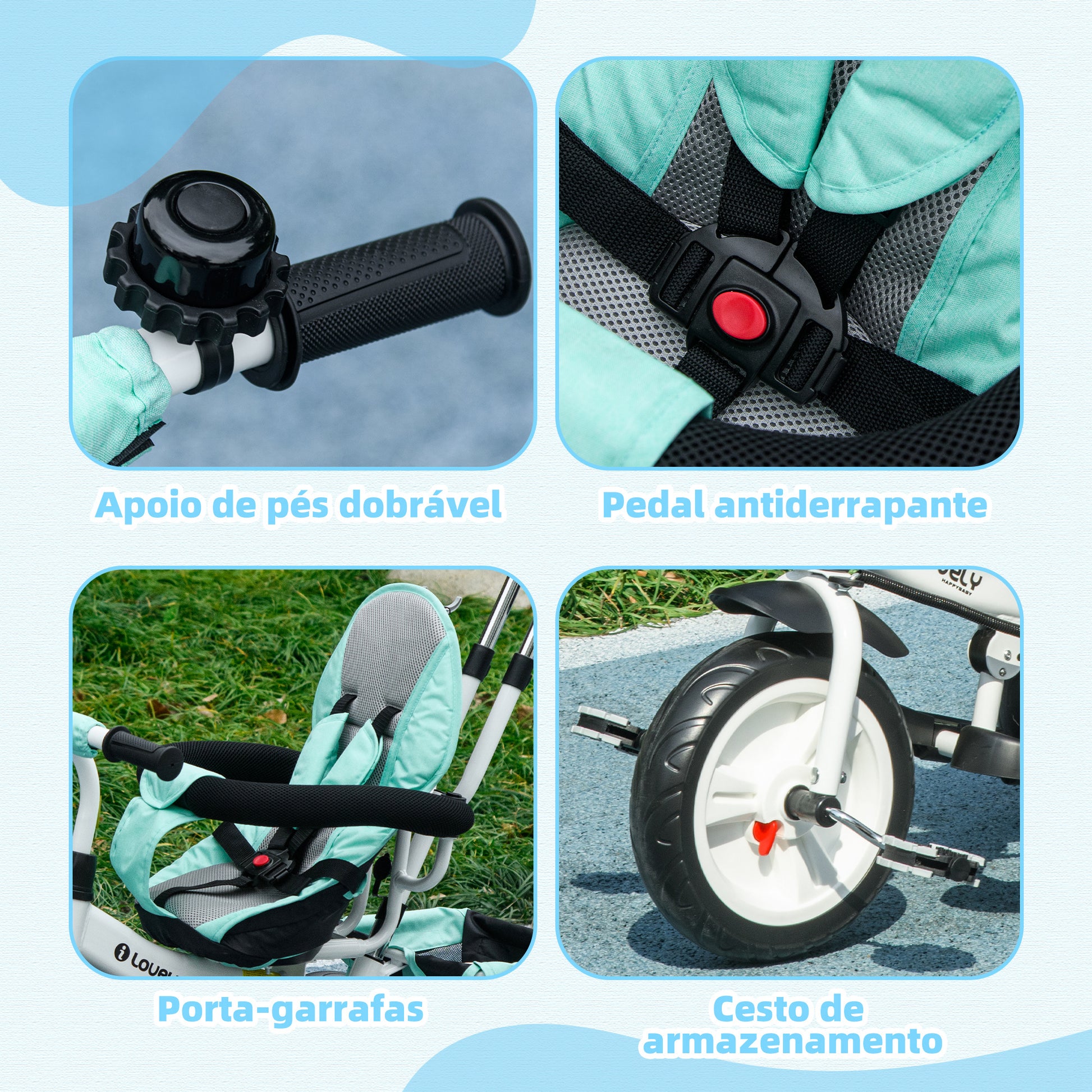 Triciclo para Bebés 2 em 1 Triciclo Evolutivo para Crianças de +12 Meses com Toldo Dobrável Guiador Telescópico e Removível Cinto de Segurança e Cesto 95x50x106 cm Verde Mint