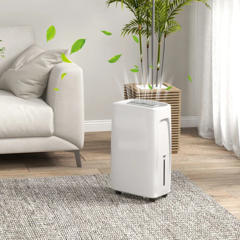 Desumidificador Elétrico 12L/Dia com 4 Modos 2 Velocidades Desligamento Automático Ecrã LED Temporizador Silencioso para Dormitório Sala de Estar Cozinha 29x18x49 cm Branco