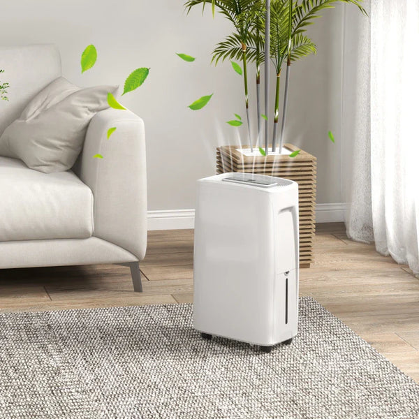 Desumidificador Elétrico 12L/Dia com 4 Modos 2 Velocidades Desligamento Automático Ecrã LED Temporizador Silencioso para Dormitório Sala de Estar Cozinha 29x18x49 cm Branco