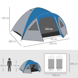 Tenda de Campismo para 2-3 Pessoas Tenda de Campismo com Janelas 2 Bolsos e Bolsa de Transporte 300x250x130 cm Cinza e Azul
