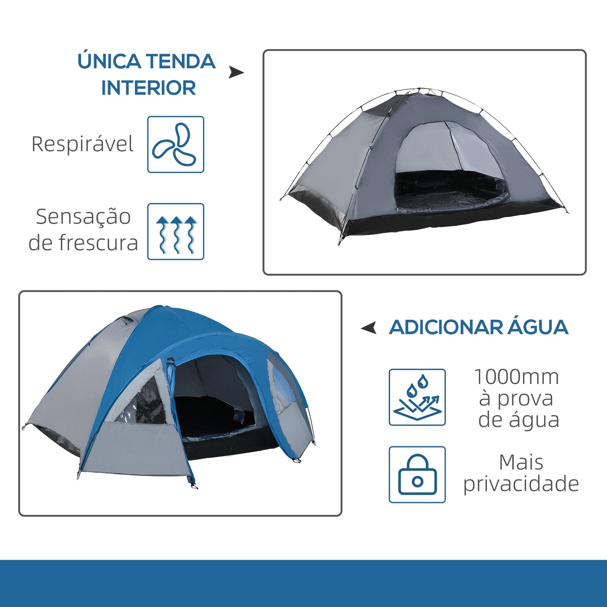 Tenda de Campismo para 2-3 Pessoas Tenda de Campismo com Janelas 2 Bolsos e Bolsa de Transporte 300x250x130 cm Cinza e Azul